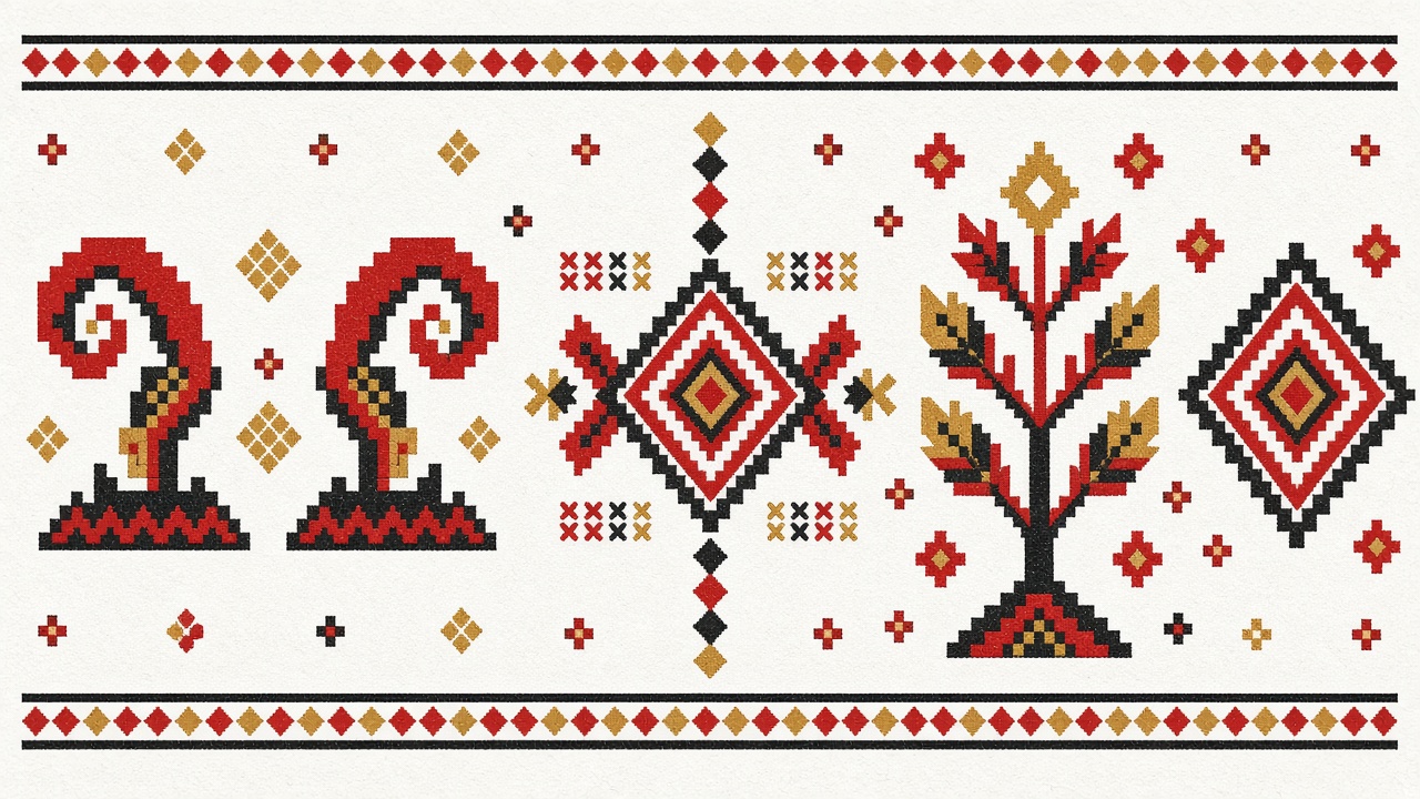 Abstract geometric work inspired by Bulgarian shevitsa embroidery in red, white and black