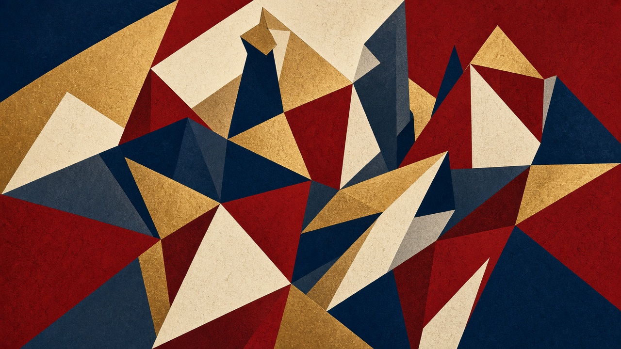 Abstraktní geometrické dílo inspirované českým kubismem v granátové, modré a mosazné