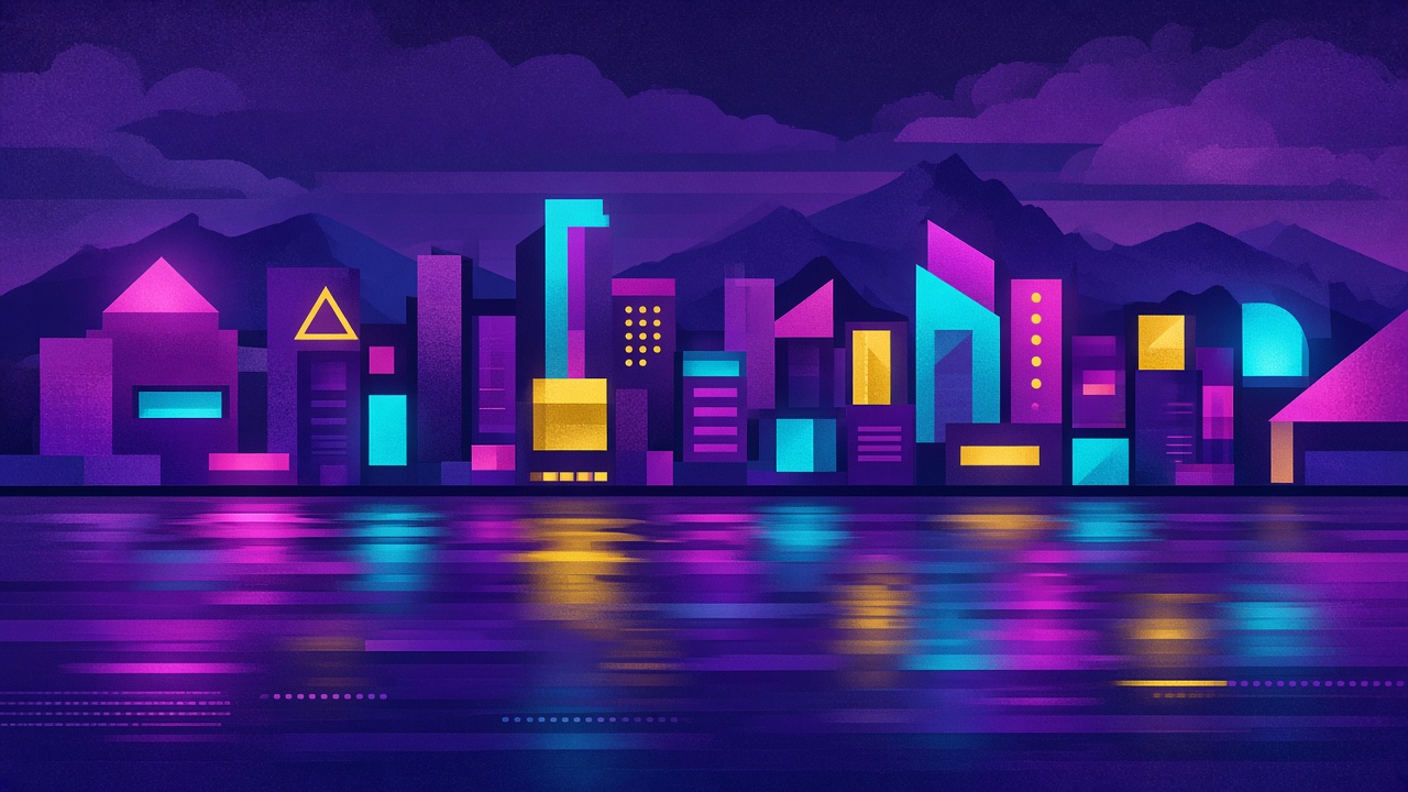 Abstract geometric work inspired by Hong Kong's neon harbour in magenta, cyan and gold