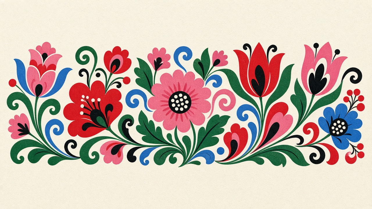 Abstract geometric work inspired by Matyo embroidery in red, white and green
