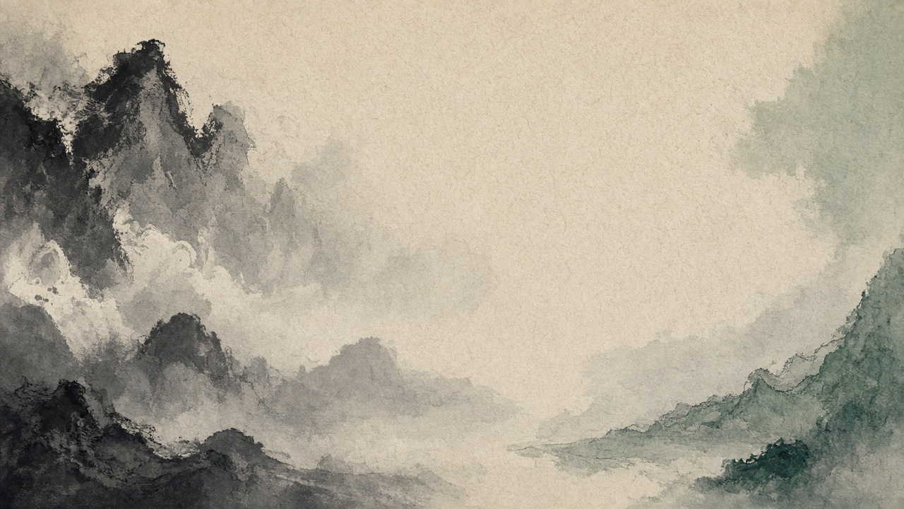 Abstract geometric work inspired by Chinese ink painting in ink black, vermilion and rice-paper white