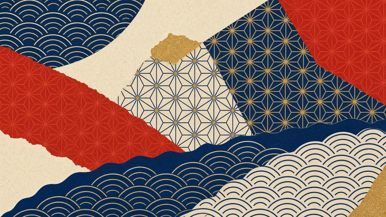 Abstract geometric work in indigo and vermilion inspired by seigaiha and asanoha patterns