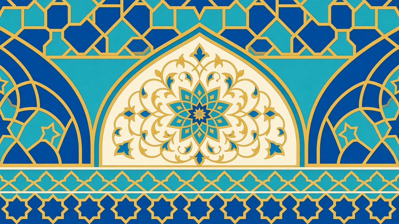 Abstract geometric work inspired by Isfahan tilework in turquoise, lapis and gold
