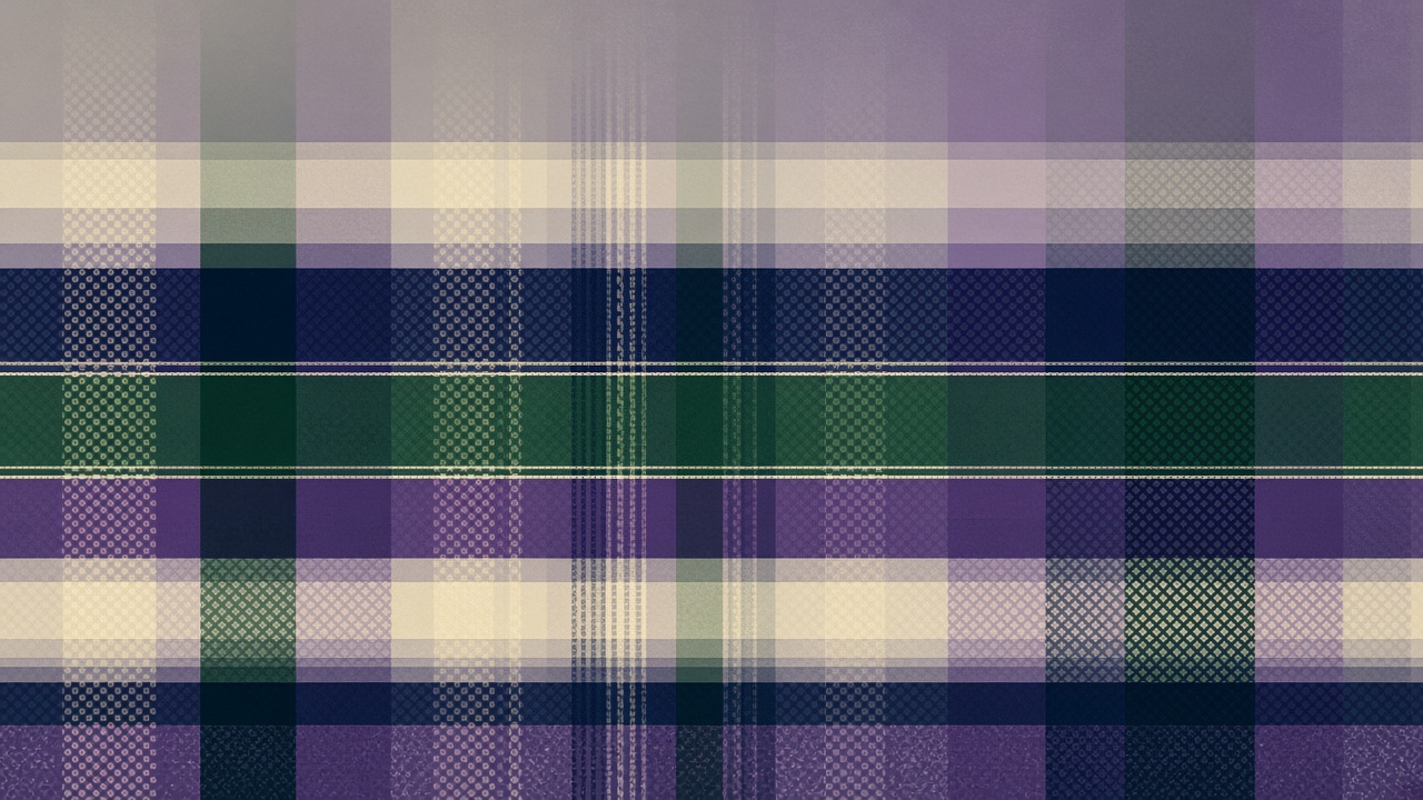 Abstract geometric artwork of a tartan weave and thistle in deep green, navy and ivory