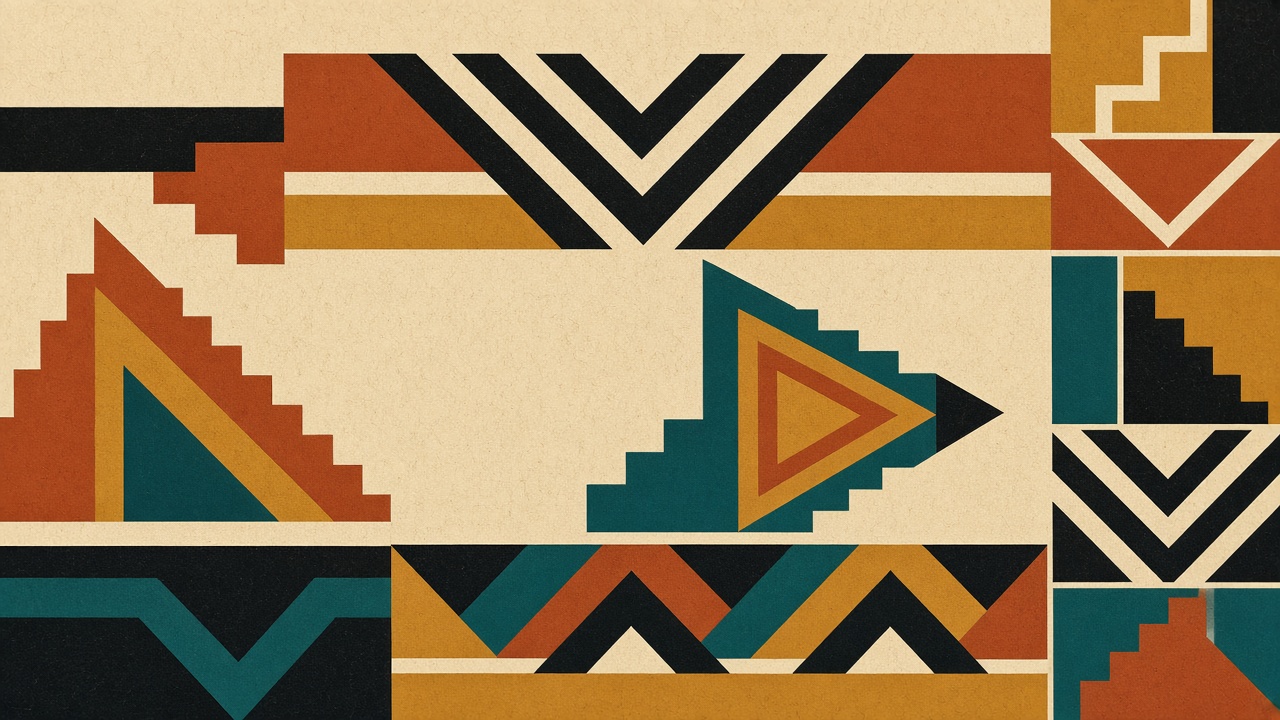 Abstract geometric artwork in ochre, teal and ivory, Ndebele-inspired shapes