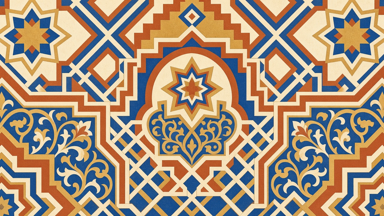 Obra geométrica abstracta inspirada en el arte mudéjar, en tonos terracota, azul y oro