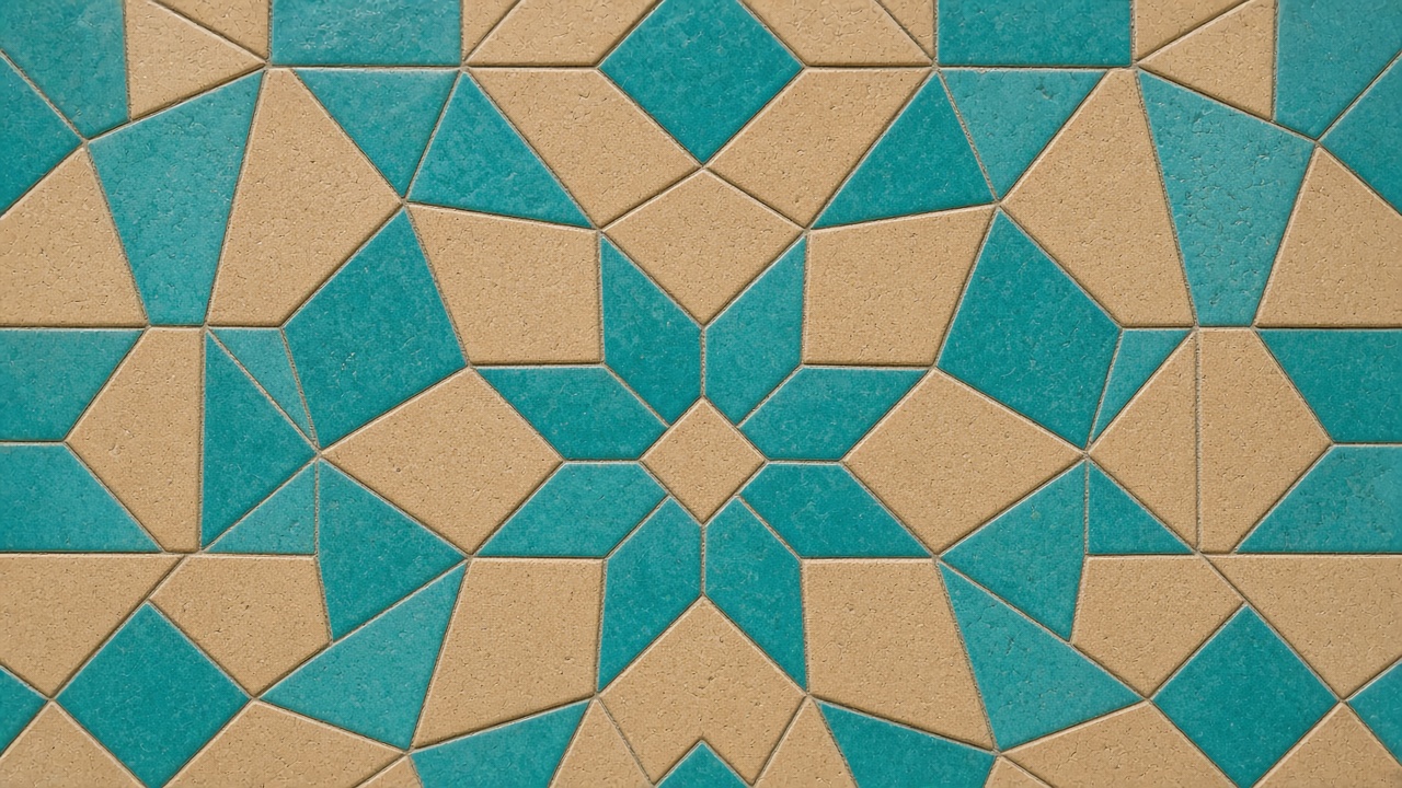 Abstract geometric work inspired by Portuguese azulejo tiles in blue, white and ochre