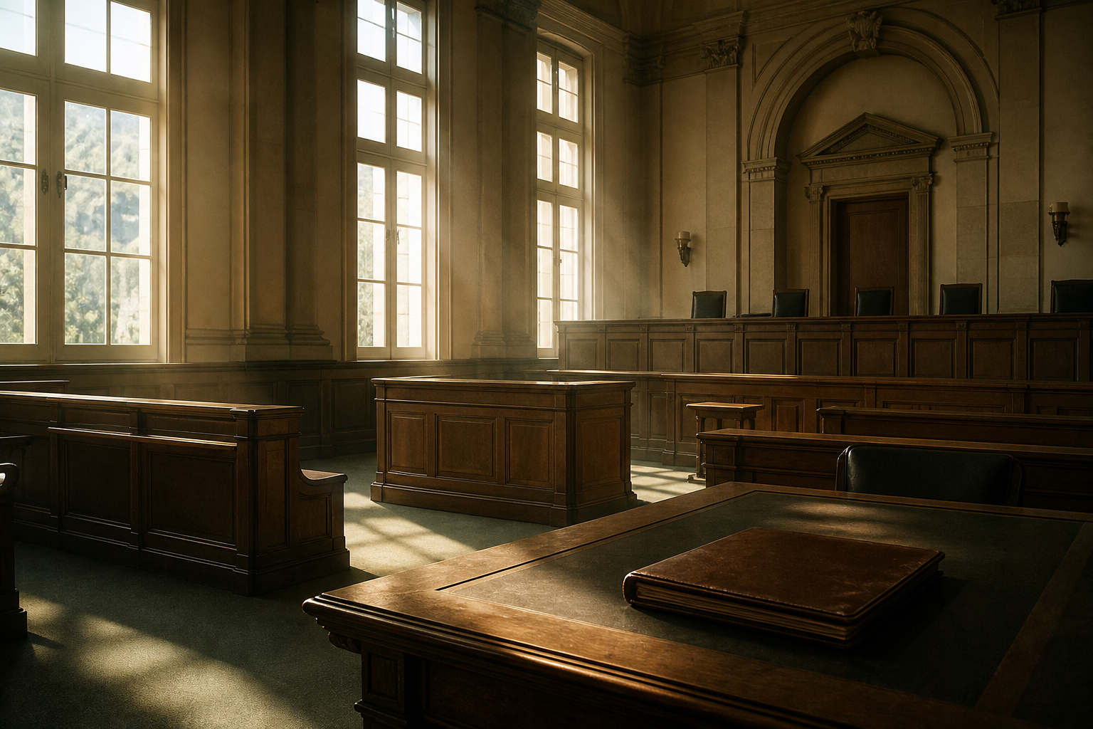 Empty courtroom light over a closed case file