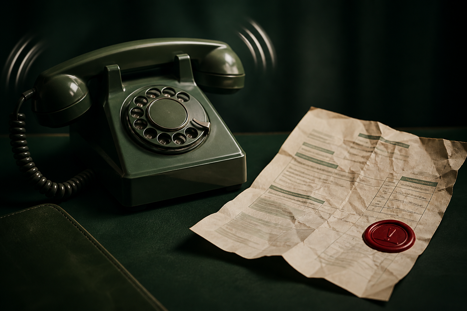 Telephone beside a crumpled invoice, the second scam